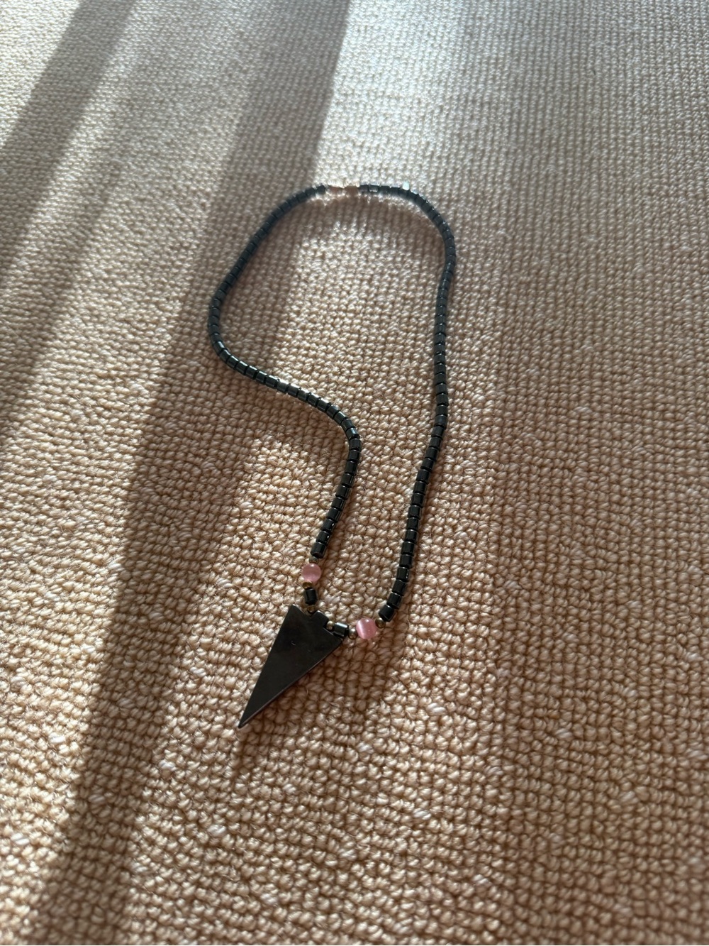 Black Hematite Beaded Necklace with Pink Accent and Triangle Pendant
